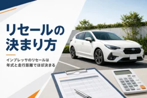 白いハッチバック車と査定用のクリップボードのイメージ