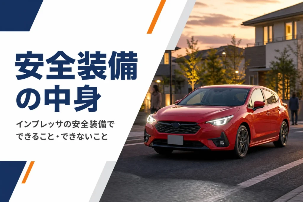 夕暮れの道をライトを点けて走る5ドアハッチバック車のイメージ
