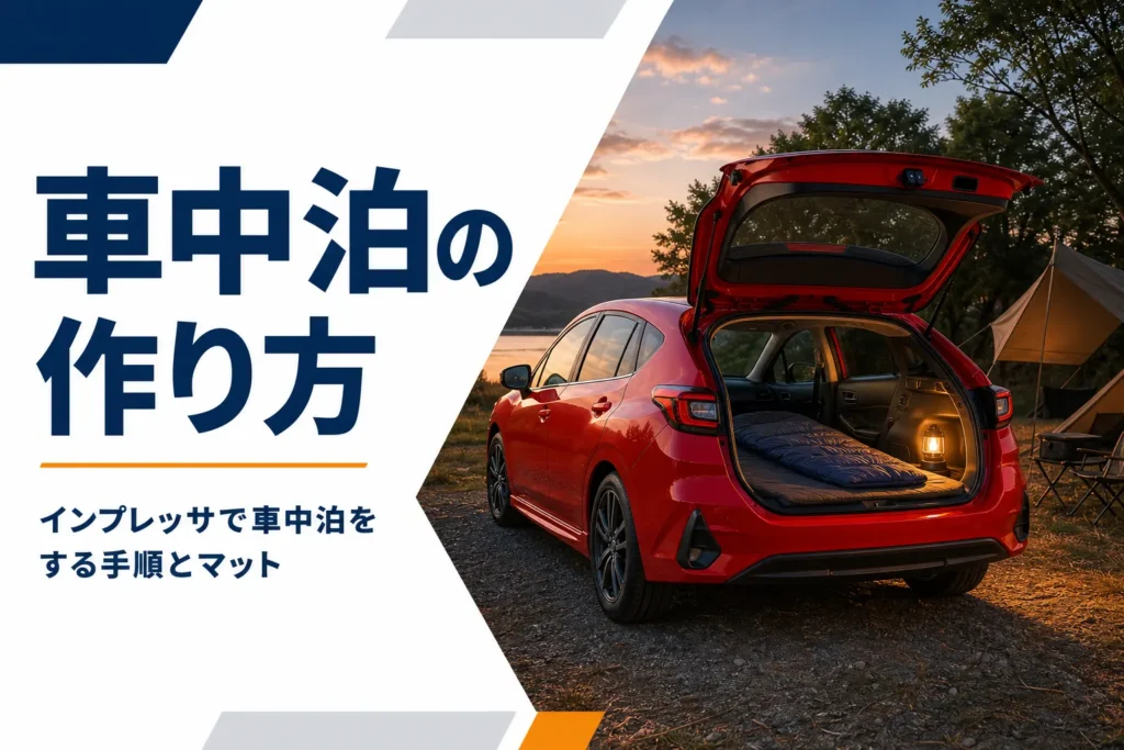 キャンプ場でハッチバック車の荷室にマットを敷いて車中泊の準備をしたイメージ