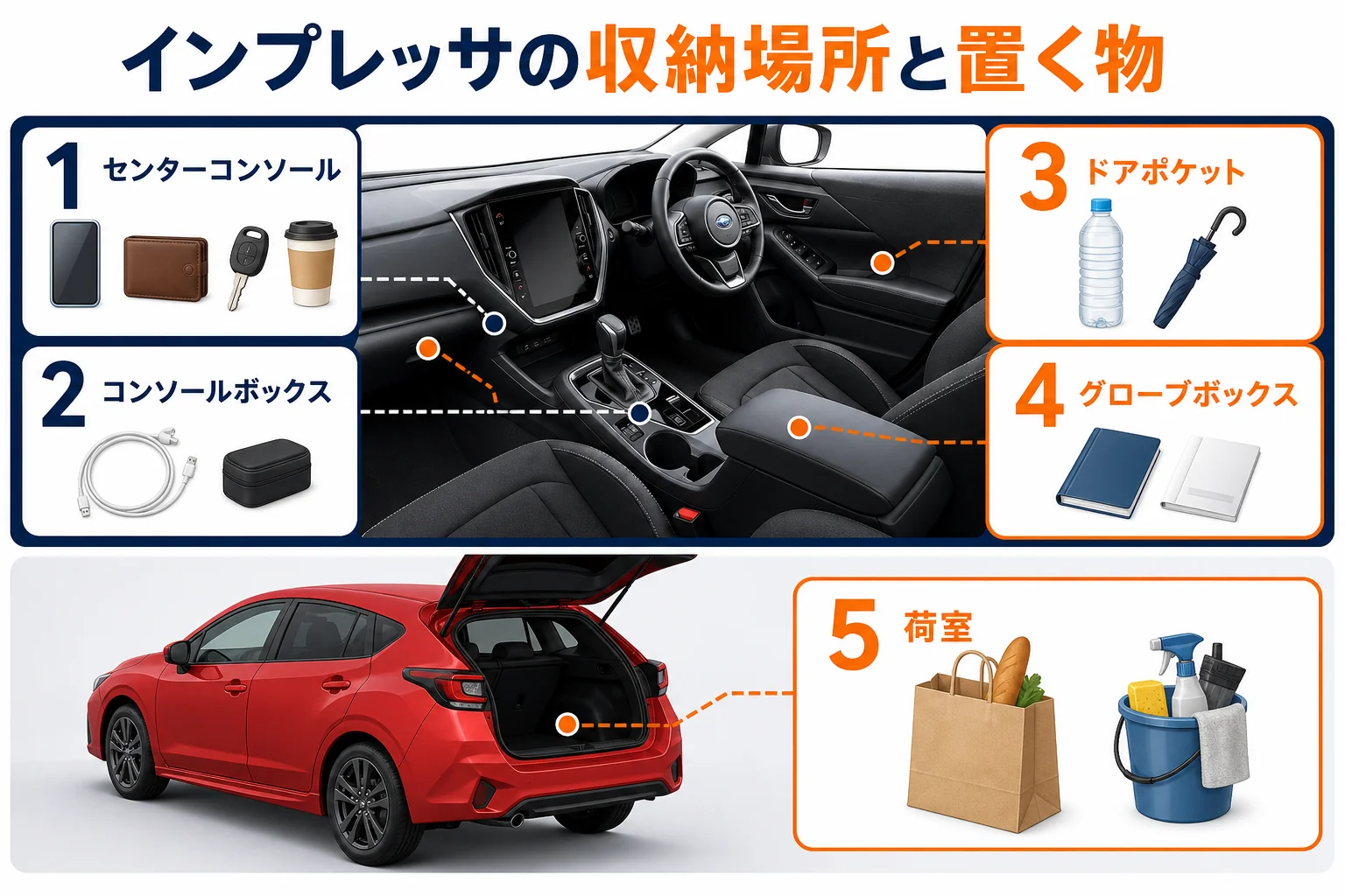 インプレッサの車内の収納場所と、置くと良い物をまとめた図解
